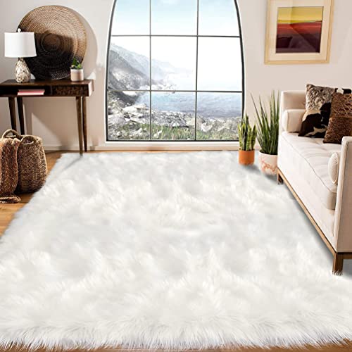 JXLOULAN Faux Lammfell Schaffell Teppich Weiß 120x160 cm, Longhair Flauschiger Teppich Wohnzimmer Deko, Weicher Fell Carpet für Stühle Sofa Schlafzimmer Kinderzimmer von JXLOULAN