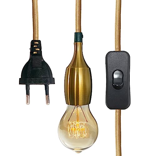 E27 Metall Lampenfassung mit Schalter und EU Stecker, Pendelleuchte mit Netzkabel und Lampensockel, Textilkabel mit Fassung,Kabel Hängeleuchte, Ideale Lampenaufhängung für Hängeleuchten (F-5M) von JZCDR