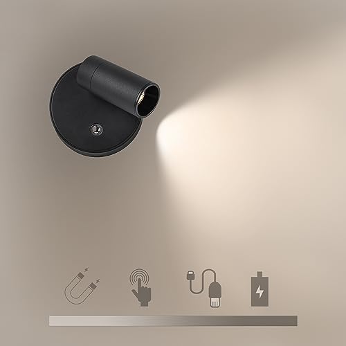 JZCDR Kabellos Wandleuchte Mit Touch Schalter Dimmbare, Aluminium Wandlampe Batterie USB-C Aufladbare, Drehbar Up Down Wandbleuchtung für Wohnzimmer Schlafzimmer Nachttischlampe Wandmontage, Schwarz von JZCDR