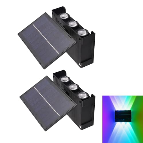 JZCDR Solar Wandleuchte Aussen RGB Solarlampe mit Schalter 2 Stück LED Außenwandleuchten Solar Wasserdicht mit Dämmerungssensor Up and Down Solar Wandlampe für Außen Balkon Garten 3 Modi RGB & Weiß von JZCDR