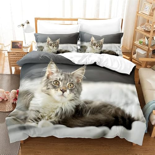 JZZFBW Bettwäsche 155x220 Weiße Katze 3D Gedruckte Bettwäsche Kuschelig Bügelfrei & Knitterfrei Bettwäsche Sets mit Reißverschluss + 2 Kissenbezüge 80x80 cm für KinderErwachsene von JZZFBW