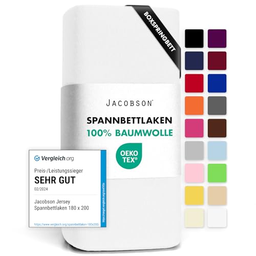 Jacobson Jersey Spannbettlaken Spannbetttuch Baumwolle Bettlaken (140x200-160x220 cm, Weiss) von JACOBSON