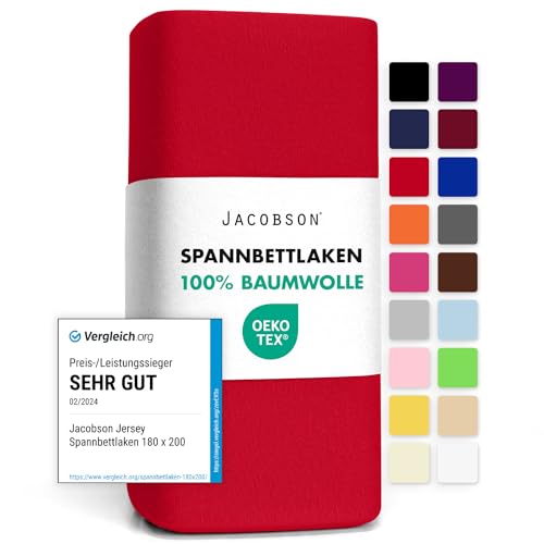 Jacobson Jersey Spannbettlaken Spannbetttuch Baumwolle Bettlaken (90x200-100x200 cm, Rot) von JACOBSON