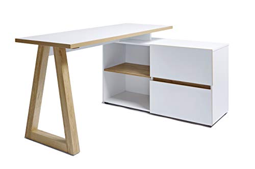Amazon-Marke: Jahnke Stanberg - L-Form Schreibtisch mit 2 Schubladen, 140 x 110 x 76 cm, Kerneiche/Weiß von Jahnke