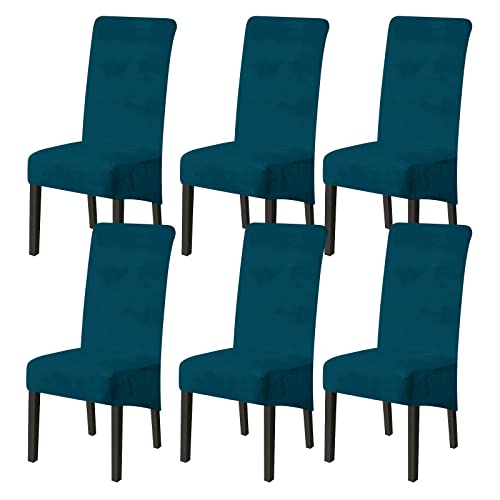 Jaotto Stuhlhussen 6er Set Stretch, XL Stuhlhussen Abwaschbar Waschbarer Elastische, Stretch Stuhlschoner Große Stuhlbezüge für Stuhl Esszimmer Büro Esszimmer Hotel Bankett,Samt Pfauenblau von Jaotto