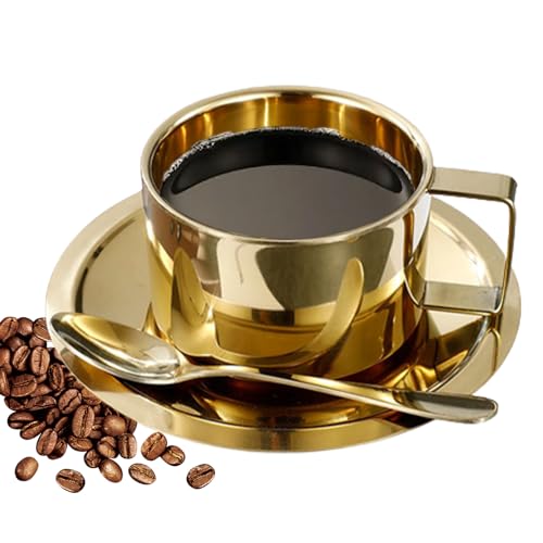 Kaffeetassen Set Edelstahl Kaffeetassen-Set, 200 ml doppelwandig Kaffeetassen mit Löffel und Untertasse, Espressotassen Isolierbecher für Kaffee, Latte, Tee, Milch, Tee und Kaffee Geschenkset (Gold) von Jauhmui
