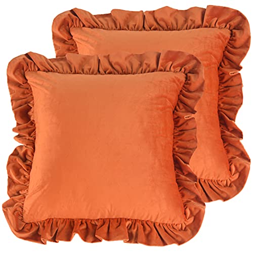 Dekorative Kissenbezug aus Samt 2er Set Einfarbig Kissenhülle Sofa Büro Decor Kissenbezüge Shabby Chic Samtkissenbezug mit Rüschen 45x45 cm für Dekokissen Sofakissen Couchkissen, Gebrannte Orange von Jemiipee