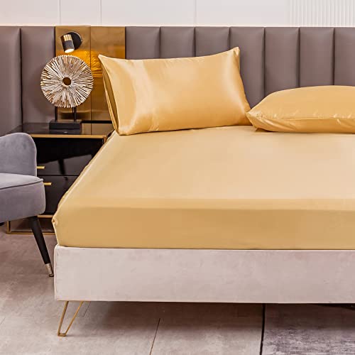 Satin Spannbettlaken Einfarbig 160x200 cm für Matratzen bis 30cm, Betttuch Leintuch Weiche Polyester-Satin Spannbetttuch Bettlaken Goldgelb von Jemiipee