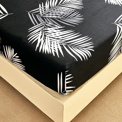 Spannbettlaken 140x200 cm - Tropische Palmenblätter Muster - Spannbettuch Bis 30 cm Matratzenhöhe - Bettlaken Weiche Polyester-Mikrofaser Schwarz von Jemiipee