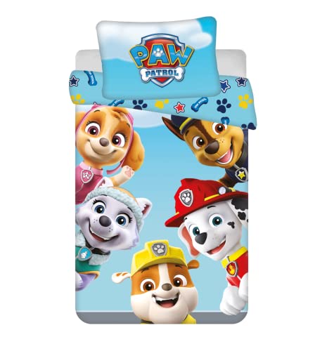 Jerry Fabrics Baby Kinder Bettwäsche Wendemotiv Paw Patrol Skye Everest Rubble Chase Marshall Team Bezug Bettdecke 100 x 135 cm + Bezug Kopfkissen 40 x 60 cm, 100% Baumwolle von Jerry Fabrics