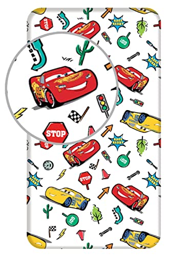Kinder Spannbettlaken Bettlaken Cars Lightning McQueen Dinoco Cruz Ramires Verkehrszeichen Autos, 90 x 200 + 25 cm, 100% Baumwolle, für Jungen und Mädchen von Jerry Fabrics