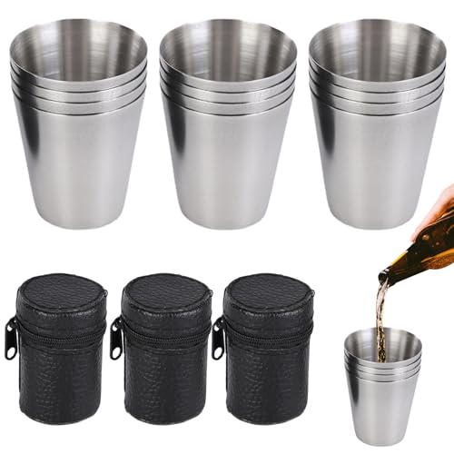 9 Stück Edelstahl Becher,Edelstahl Becher Set,30ml Schnaps Gläser aus Metall Flachmann Becher Set,Schnapsbecher mit 3 Leder Tasche,Trinkbecher Edelstahlbecher,Flachmann Zubehör,für Camping,Picknick von Jiakalamo