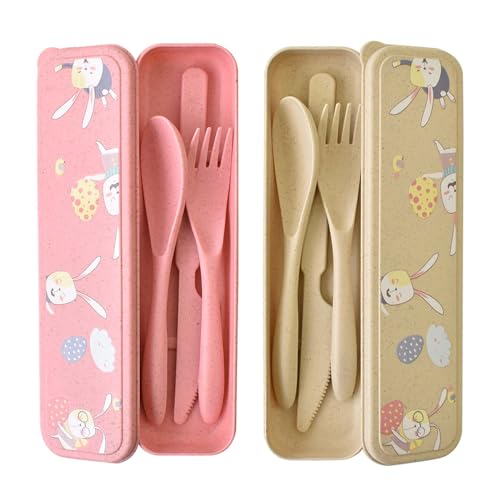 Besteck Set 2 Personen, Campingbesteck & Reisebesteck - Robust, Tragbar und Wiederverwendbar, Reisebesteck mit Etui für Camping Geburtstagsfeier Schule Arbeiten (Pink + Beige) von Jiayaus