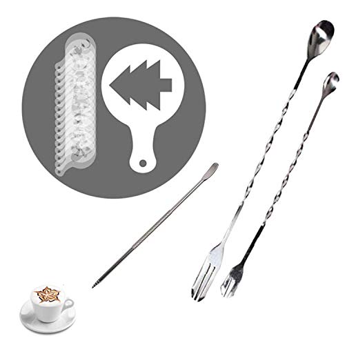 JinYu 19 Stück Coffee Art Maker Set, 16 Stück Kaffee dekorieren Schablonen Barista Vorlage +1 Latte Pen + 2er Pack Spiralmuster Rührlöffel Gabel 2 in 1 für Mousse Kuchen Geburtstagsfeier Bar Espresso von JinYu