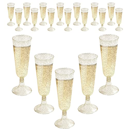 Jingzhan Sektgläser Plastik，30 Stück 150ml Stiel Sektkelch， Mehrweg Champagnergläser mit Goldglitter ，für Sektempfang Party Picknick Weinbecher Geburtstag Hochzeit von Jingzhan