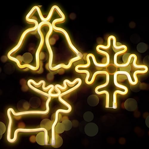 3pcs Weihnachts-Neonschilder, LED-Neonlichtschilder Elch/Glocke/Schneeflocke-Kombipaket, Neon-Nachtlicht für Weihnachten, Heimdekoration, Bar, Schlafzimmer, Wohnzimmer, Weihnachtsparty-Dekoration von JinsenTGG