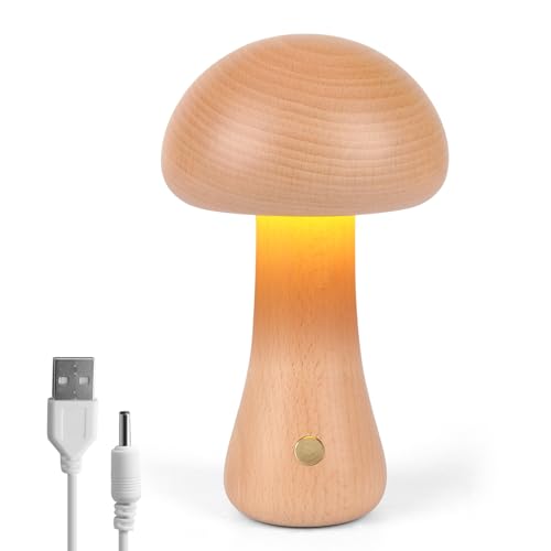 Pilzlampe aus Holz, Tragbare Dimmbare Nachttischlampe mit USB-Aufladung, Kabelloses Nachtlicht, Pilz-Tischlampe für Heimdekoration, Schlafzimmer, wiederaufladbare LED-Nachttischlampe (Buche-A) von JinsenTGG
