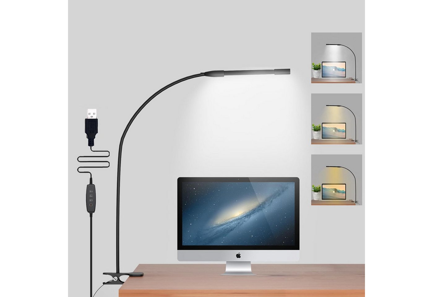 Jioson Klemmleuchte LED Schreibtischlampe, Clip-on-Lampe, 3 Farbtemperatur, Warmweißes Licht/natürliches Licht/weißes Licht, 40cm hohe, flexible 360° Schwenkbare Klemmleuchte von Jioson