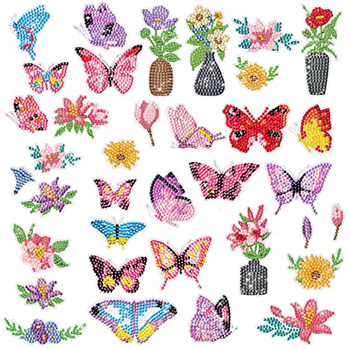 36 Pcs Diamond Painting Stickers, 5D DIY Diamond Painting Aufkleber for Kinder Erwachsene Anfänger, Blumen und Schmetterlinge Sticker Kinder for Scrapbook, Tassen, Wand, Fenster, Kunsthandwerk (A) von Jodsen