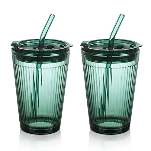 Joeyan 450ml Grün Trinkbecher mit Deckel und Strohhalm Glas - 2er Set Glas Smoothie Becher mit Strohhalm - Kaffeebecher mit Trinkhalm für Saft, Kaffee, Wasser, Tee von Joeyan