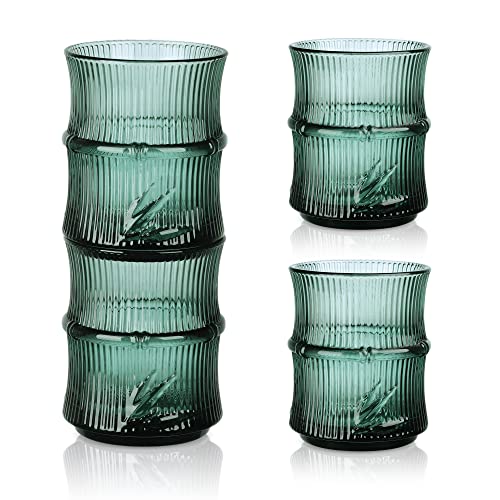 Joeyan 4er Set Stapelbare Trinkgläser Bambusform - 260ml Geprägte Glasbecher Vintage Grün- Kreativer Wassergläser für Cocktail, Saft, Softdrinks von Joeyan