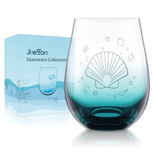 Joeyan 520ml Graviert Weingläser Ohne Stiel mit Muschelschale Motiven, Unterwasserwelt Weingläser Blau mit Farbverlauf für Bars Zuhause Restaurant, Romantisches Weinglas-Geschenk von Joeyan