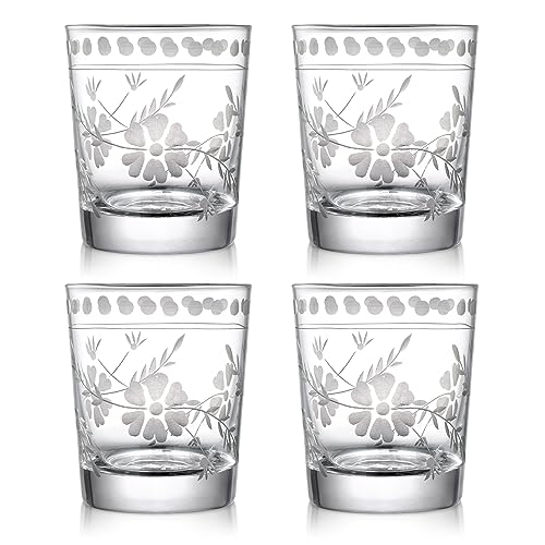 Joeyan Handgeblasen Graviert Whisky Gläser,Rum Gläser Tumbler mit Floralem Mustern,Geätzte Whiskyglas,Glaswaren für Bourbon Scotch Cognac Wodka Cocktail,270 ml,Set von 4,Spülmaschinenfest von Joeyan