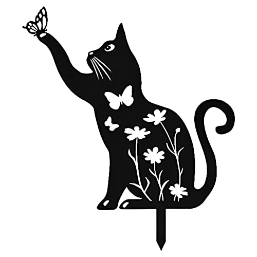 Jomewory Metall Katze Gartendeko, Dekorativer schwarzer Katzenpflock für den Garten, Niedliches Yard Tierstatue Silhouette Muster, Tierkunst Rasen Garten Silhouette Dekor von Jomewory
