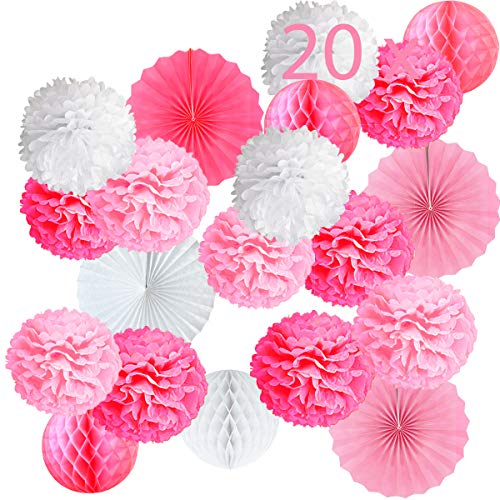 20er Rosa Deko Seidenpapier Pompons, Dekorpapier Blumenpuscheln Papier, Rosetten, Fans Fächer, Papierfächer, Wabenbälle. Dekoration Hochzeit, Taufe Mädchen, Baby Shower, Geburtstag Party, JGA von Jonami