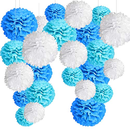 24er Blau Deko Seidenpapier Pompons, Dekorpapier Blumenpuscheln Papier, Rosetten, Papierfächer Dekoration für Taufe Junge, Geburtstag Party, Babyparty Baby Shower und Geburtstagsdeko -24Stk- von Jonami