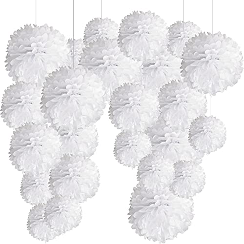 24er Weiss Deko Seidenpapier Pompons, Dekorpapier Blumenpuscheln Papier, Rosetten, Papierfächer. Dekoration Hochzeit, Taufe Mädchen, Baby Shower Party -24Stk- von Jonami