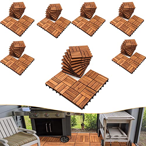 Joparri Holz-Fliesen, 30 x 30 cm Bodenfliesen, 77 Stück, 7 m² Terrassenfliese, Akazienholz, Klicksystem,wetterfest, leicht verlegbar, zuschneidbar, für Patio Platten Balkon Fliesen Garten, Braun von Joparri