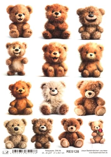 Josys Bastelmärchen Reispapier A4 Strohseide Decoupage Motiv niedliche süße Teddybären Teddy RE5128 von Josys Bastelmärchen