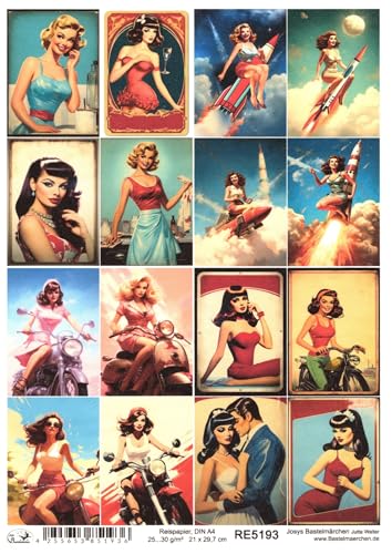 Josys Bastelmärchen Reispapier A4 Strohseide Decoupage Pin-up-Girl kleine Motive RE5193 von Josys Bastelmärchen