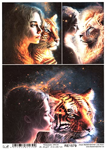 Josys Bastelmärchen Reispapier A4 Strohseide Decoupage mystisch Mädchen mit Löwe Tiger RE1579 von Josys Bastelmärchen