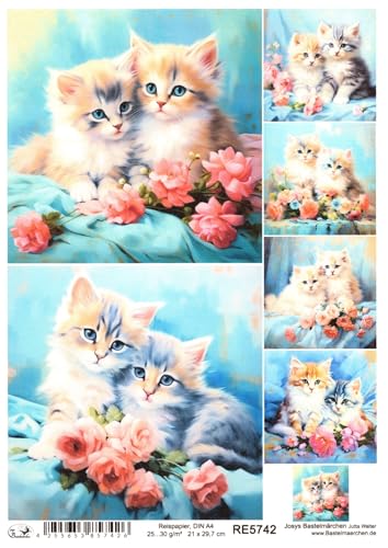 Josys Bastelmärchen Reispapier A4 Strohseide Decoupage süße Kätzchen Katze Katzen Blumen RE5742 von Josys Bastelmärchen