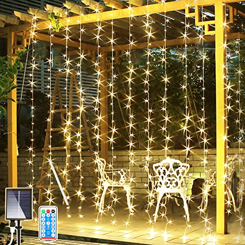 Joycome Solar Lichtervorhang Aussen 3m x 3m 300 LED Lichterketten vorhang mit Fernbedienung, 8 Modi Solar Wasserfall Lichterkette für Außen Garten Pavillon Balkon Hochzeit Party Deko - Warmweiß von Joycome