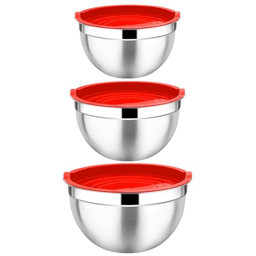 Joyfair Rührschüssel, 3-teilig Edelstahl Schüssel Salatschüssel mit Luftdichten Deckel, Stapelbar Metallschüssel zum Mischen/Servieren/Zubereitung, Spülmaschinenfest, 4.5L / 2.7L / 1.5L - Rot von Joyfair