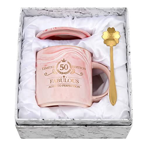 Joymaking 50. Geburtstag Geschenk für Frauen 12oz rosa Kaffeetasse mit Geschenkpackung, Geburtstagsgeschenk für Mutter Mitarbeiter Freund Chef, Kaffee Tasse für Geburtstagsgeschenk Weihnachten von Joymaking