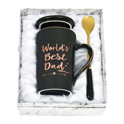 Joymaking Kaffeetasse für Väter, Vater, Geschenke von Tochter, Sohn, Vatertag, Geburtstag, Weihnachten, Geschenke für Vater, Kaffeetasse mit World's Best Dad, 400 ml, Keramik-Kaffeetasse mit Deckel, von Joymaking