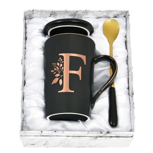 Joymaking Personalisierte Tasse mit Buchstaben Kaffeetasse mit Blumen Motiv, Namen Initiale persönliche Geschenke Kaffeetasse für Frauen Freundin, F - 400ml Schwarz von Joymaking