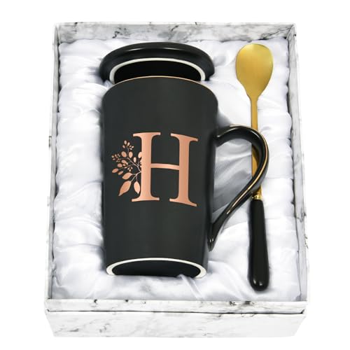 Joymaking Personalisierte Tasse mit Buchstaben Kaffeetasse mit Blumen Motiv, Namen Initiale persönliche Geschenke Kaffeetasse für Frauen Freundin, H - 400ml Schwarz von Joymaking