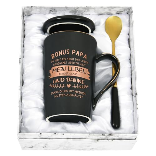 Joymaking Tasse Geschenk Bonus Papa Geschenke für Stiefvater zum Vatertag Geburtstag Weihnachten Geschenk Bonus Papa Tasse mit Spruch - Bonus Papa, du hast mir nicht das Leben geschenkt, Schwarz 400ml von Joymaking