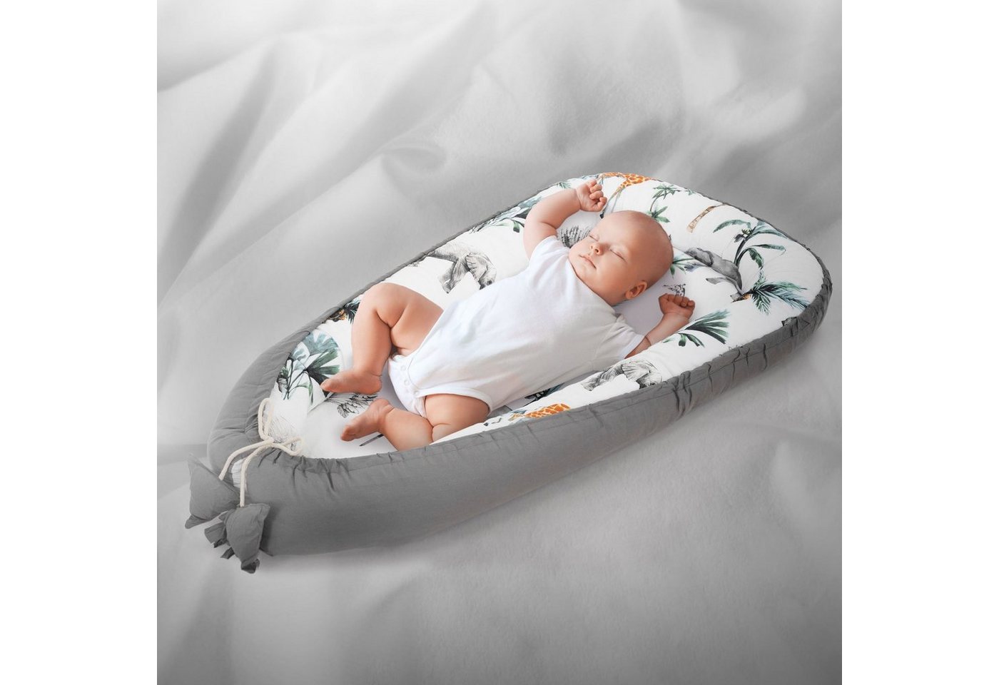 Joyz Babybett Baby Nestchen mit Muster aus Baumwolle waschbar bei 40 Grad, 1-tlg., Babynest Safari Dunkelgrau 90x50cm Baumwolle zweiseitig antiallergisch von Joyz
