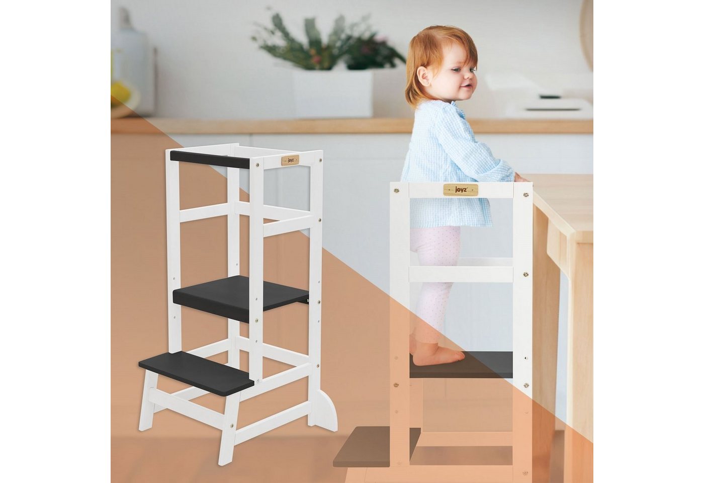 Joyz Kinderstuhl Montessori Lerntower für Kinder aus Holz Verwandelbar Kinderstuhl, Küchenhelfer Weiß/Anthrazit mit Schutzstab und 2 Stufen 54x44x90cm von Joyz