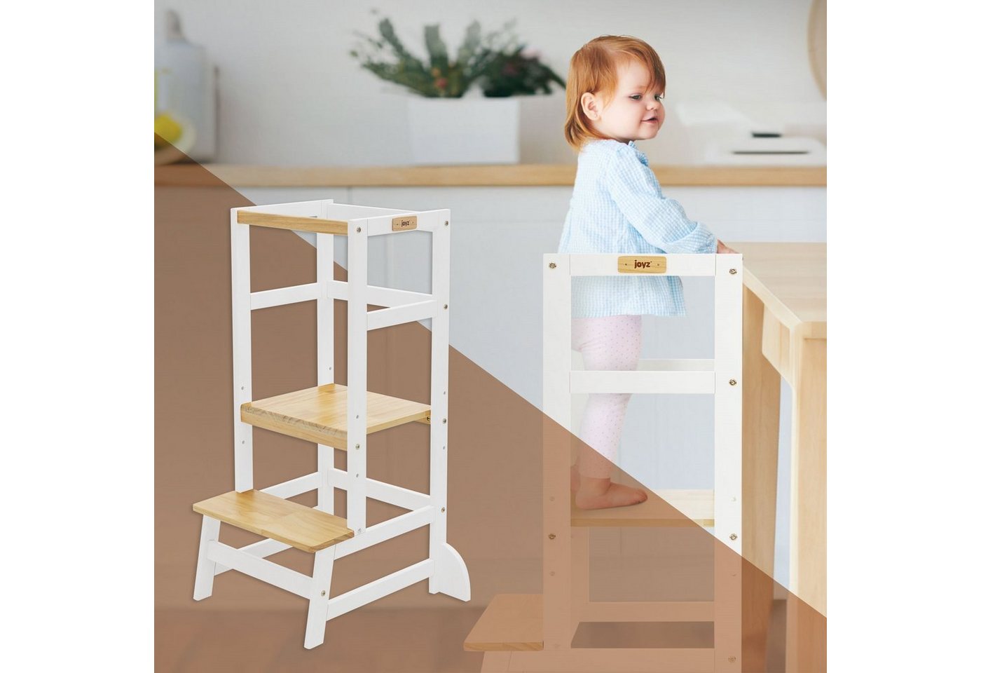Joyz Kinderstuhl Montessori Lerntower für Kinder aus Holz Verwandelbar Kinderstuhl, Küchenhelfer Weiß/Natur mit Schutzstab und 2 Stufen 54x44x90cm von Joyz