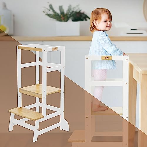 Joyz Lernturm für Kinder, Weiß-Natur, Lernstuhl ab 1 Jahr, Kinderstuhl aus Holz, Lerntower mit Schutzstab, Hochstuhl Schemel verstellbar, 2 Stufen Tritthocker, Montessori Küchenhelfer, Learning Tower von Joyz