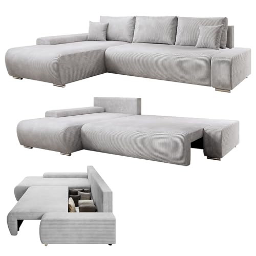 Juskys Sofa Iseo Links mit Schlaffunktion - Stoff Couch L Form für Wohnzimmer, bequem, ausziehbar - Schlafsofa Ecksofa Eckcouch Schlafcouch Hellgrau von Juskys