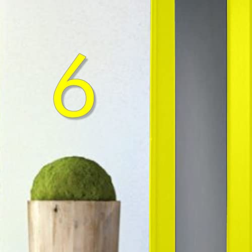 JustHouseSigns Hausnummer 6 Futura-Serie Türnummer 3 Größen, Freischwebend Art Deco Haus Nummer aus Acrylglas inkl. Befestigungsmaterial Montageanleitung, Farbe:Gelb, Größe:25cm / 9.8' / 250mm von JustHouseSigns
