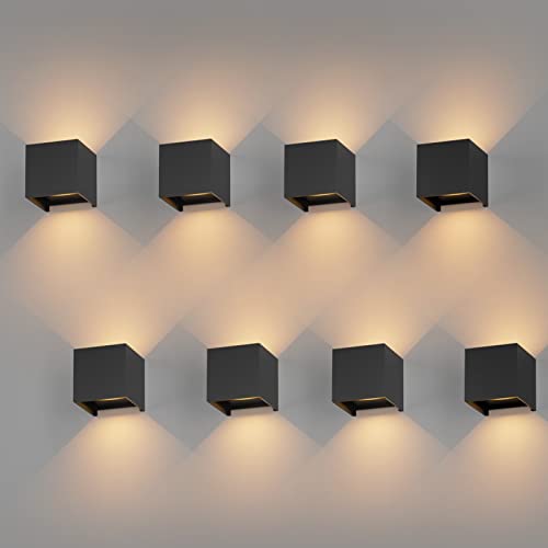 K-Bright 8 Stück LED Wandleuchten Innen/Außen 12W Wandlampe Auf und ab Einstellbarer Lichtstrahl, 3000K Warmweiß Außenwandleuchte IP65 für Wohnzimmer Schlafzimmer Balkon, Schwarz von K-Bright